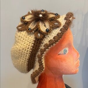 Crocheted Cream and Brown Knit Hat